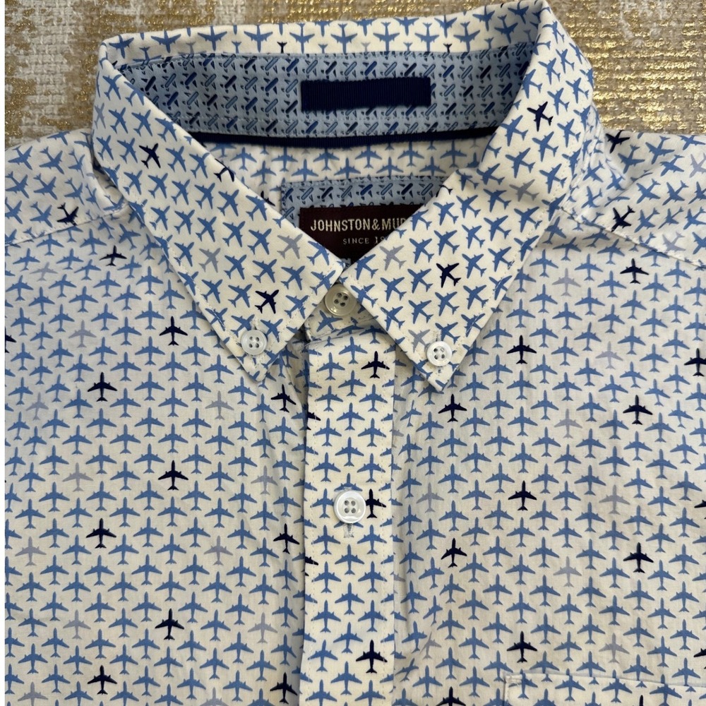 JOHNSTON & MURPHY Men's White & Blue Airplane Button Down Short Sleeve Shirt L